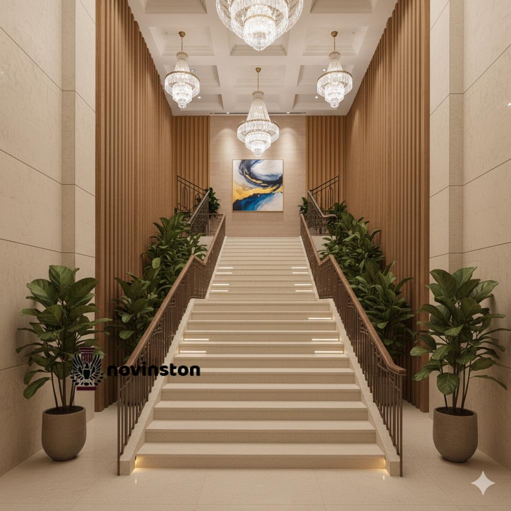 راهپلهای زیبا و دعوتکننده در ورودی یک سالن با دیوارهای چوبی و گیاهان سرسبز، که با استفاده هنرمندانه از سنگ پله هرسین طراحی شده است. رنگ گرم و بافت یکدست این سنگ، در کنار عناصر طبیعی و نورپردازی ملایم، فضایی دلنشین و آرامشبخش ایجاد میکند. استفاده از سنگ پله هرسین در این محیط، دوام و زیبایی را به همراه داشته و آن را به یک نقطه کانونی جذاب در طراحی داخلی تبدیل کرده است.