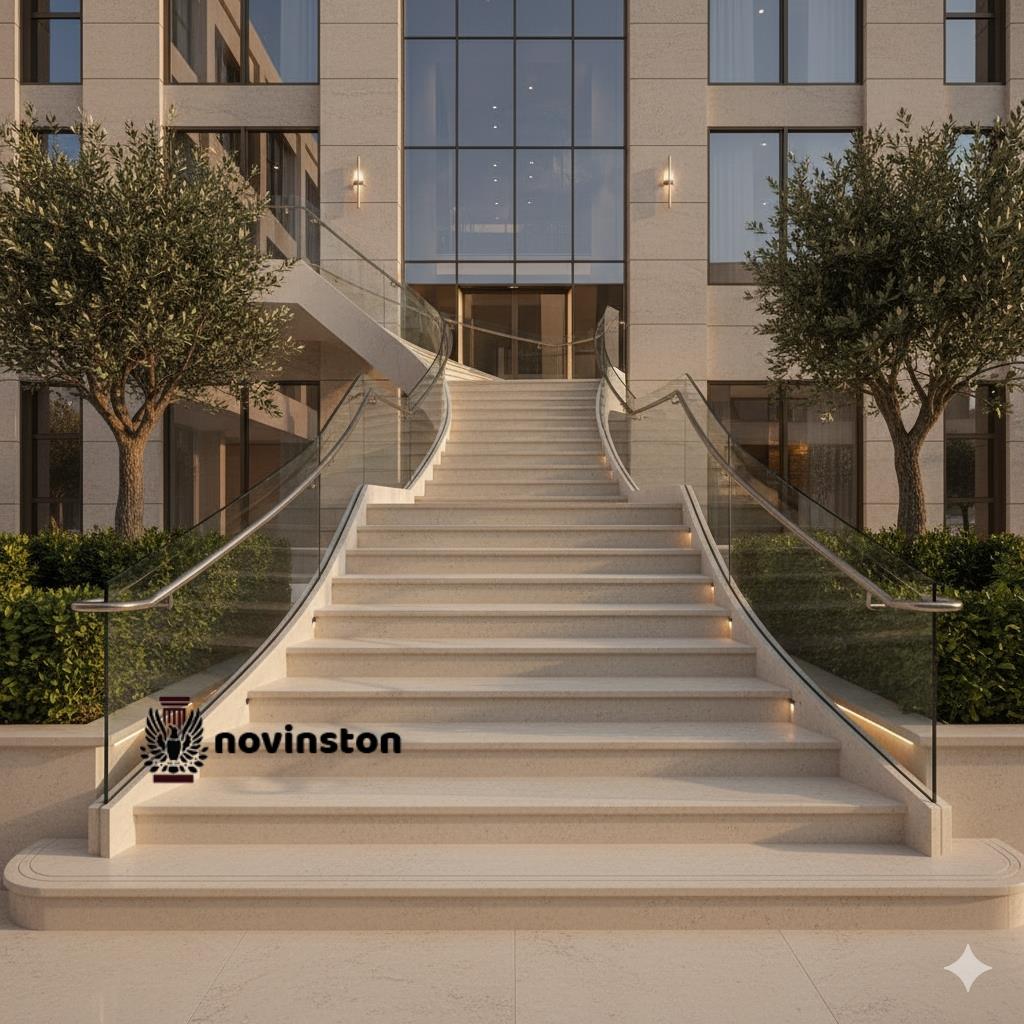 نمای باشکوه از ورودی یک ساختمان مدرن، با راه‌پله‌ای وسیع و دلنشین ساخته شده از سنگ پله هرسین. این سنگ با مقاومت بالا و رنگ طبیعی خود، هماهنگی فوق‌العاده‌ای با نمای بیرونی ساختمان و درختان زیتون در طرفین پله‌ها ایجاد کرده است. خطوط منظم و صاف پله‌ها، استحکام و زیبایی سنگ پله هرسین را در فضای باز به نمایش می‌گذارد و ورودی را به محیطی دعوت‌کننده تبدیل می‌کند.