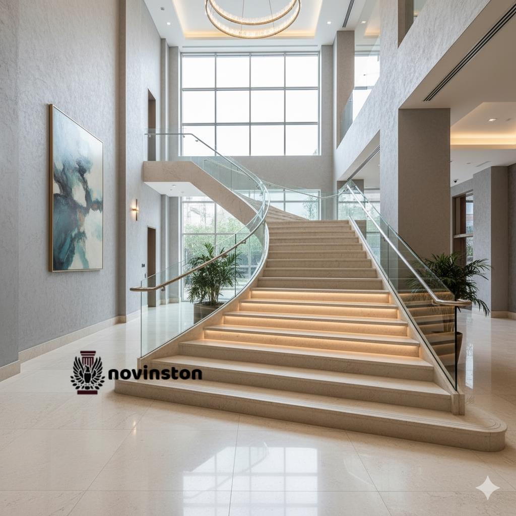 تصویری چشم‌نواز از یک راه‌پله داخلی مجلل و مدرن، با پله‌های ساخته شده از سنگ پله هرسین که با رنگ کرم روشن و رگه‌های ظریف خود، جلوه‌ای بی‌نظیر به فضا بخشیده است. نورپردازی مخفی زیر هر پله، بافت طبیعی و زیبای سنگ را برجسته کرده و نرده‌های شیشه‌ای و دستگیره‌های طلایی، حس لوکس بودن را دوچندان می‌کند. این طراحی، نمادی از ظرافت و استحکام سنگ پله هرسین در معماری داخلی است.