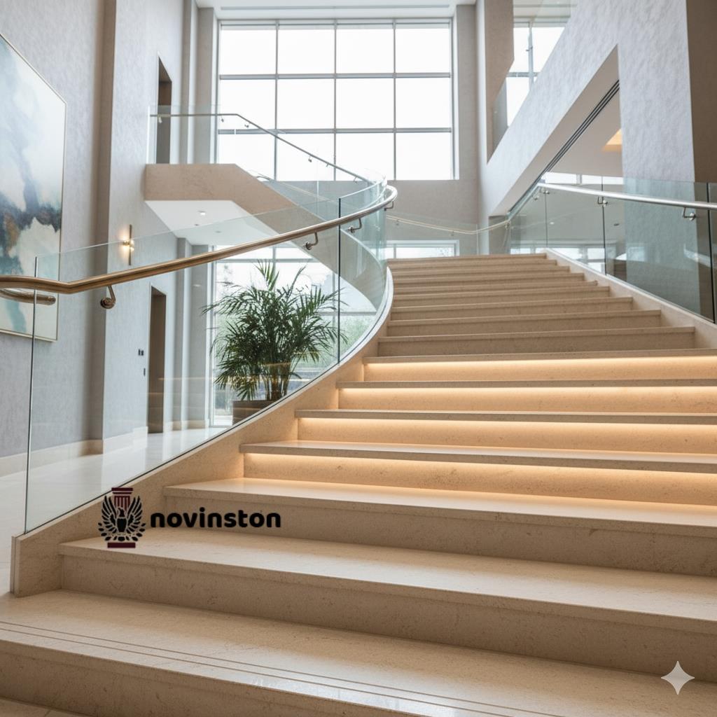 تصویری نزدیک و دلربا از راه‌پله‌ای منحنی‌شکل در فضای داخلی یک لابی وسیع، که تماماً از سنگ پله هرسین ساخته شده است. نورپردازی هوشمندانه در زیر پله‌ها، هر گونه از رگه‌ها و جزئیات بافت سنگ را به زیبایی آشکار می‌سازد و عمق و جذابیت خاصی به طراحی می‌دهد. ترکیب سنگ پله هرسین با نرده‌های شیشه‌ای شفاف و گلدان‌های طبیعی، فضایی روشن، مدرن و سرشار از آرامش را خلق کرده است.